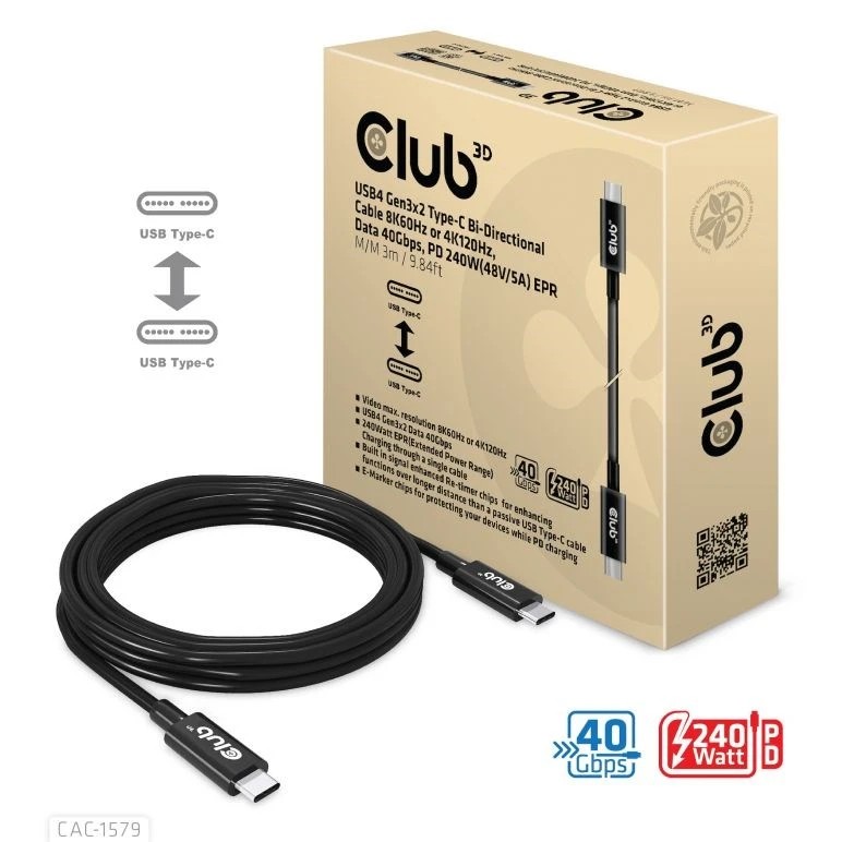 Club 3D Club3D Kabelis USB4 Gen3x2 Typ C 8K60Hz UHD maitinimo tiekimas 240W, (M/M), 300cm aprašymas - Prekės nuotrauka Club 3D Club3D Kabelis USB4 Gen3x2 Typ C 8K60Hz UHD maitinimo tiekimas 240W, (M/M), 300cm aprašymas - Prekės nuotrauka