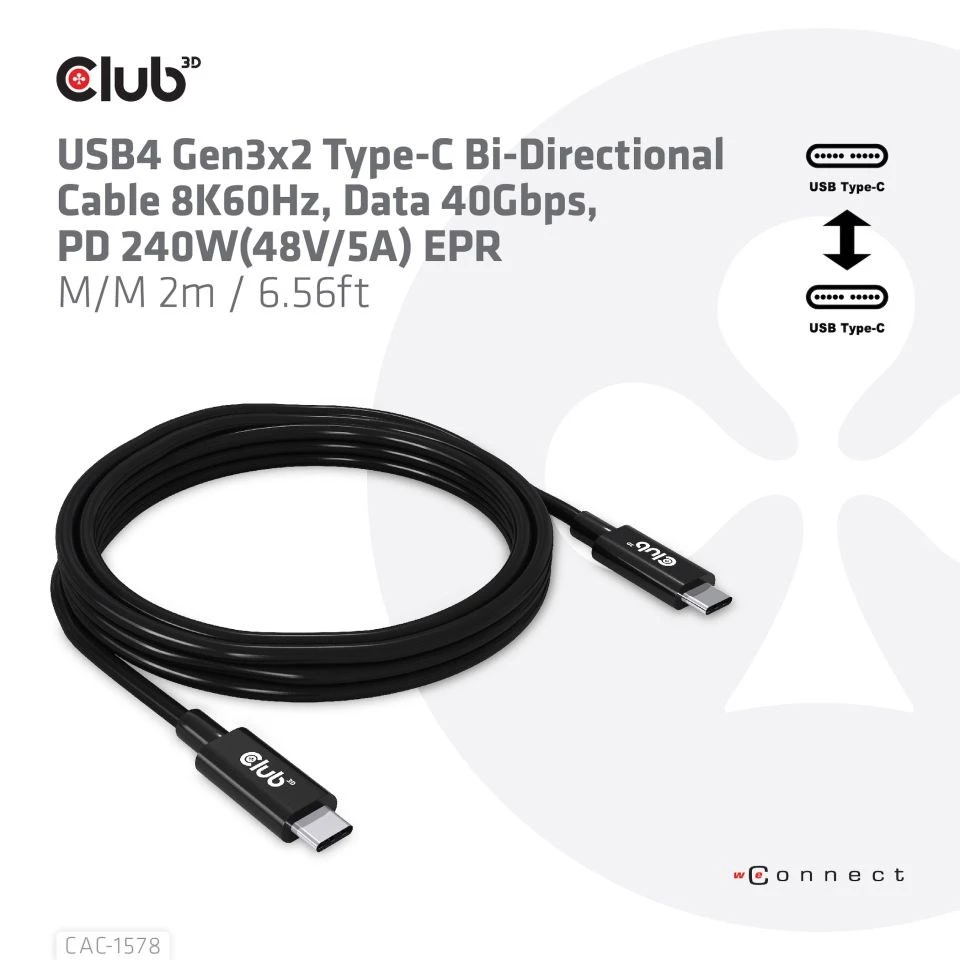 Club 3D Club3D kabelis USB4 Gen3x2 Type-C Dvipusis kabelis 8K60Hz, duomenų sparta 40 Gbps, PD 240W(48V/5A) EPR M/M 2m aprašymas - Prekės nuotrauka Club 3D Club3D kabelis USB4 Gen3x2 Type-C Dvipusis kabelis 8K60Hz, duomenų sparta 40 Gbps, PD 240W(48V/5A) EPR M/M 2m aprašymas - Prekės nuotrauka