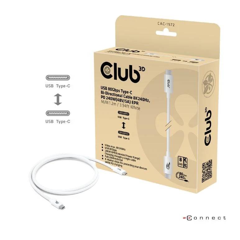 Kabelis USB Club 3D USB-C - USB-C 1.2 m Baltas (CAC-1572) aprašymas - Prekės nuotrauka