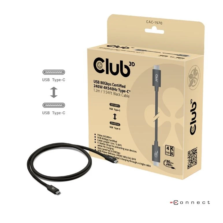 Kabelis USB Club 3D USB-C - USB-C 1 m Juodas (CAC-1570) aprašymas - Prekės nuotrauka