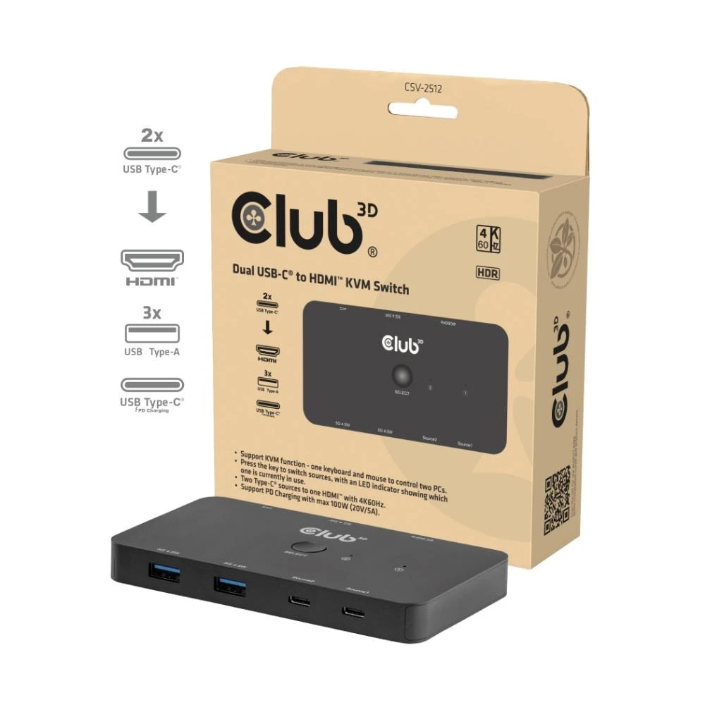„Club 3D“ „Club3D KVM“ jungiklis 4K60Hz 2x USB-C> HDMI/3xUSB/USB-C 100W PD aprašymas - Prekės nuotrauka „Club 3D“ „Club3D KVM“ jungiklis 4K60Hz 2x USB-C> HDMI/3xUSB/USB-C 100W PD aprašymas - Prekės nuotrauka