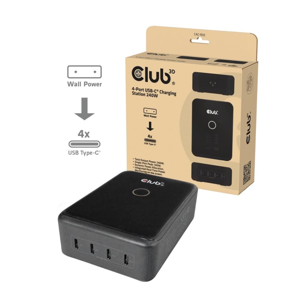Įkroviklis Club 3D CLUB3D Stacja ładowania CAC-1933 su 4 portami USB-C 240 W GaN PD 3.1 + PPS + wyświetlacz LED aprašymas - Prekės nuotrauka