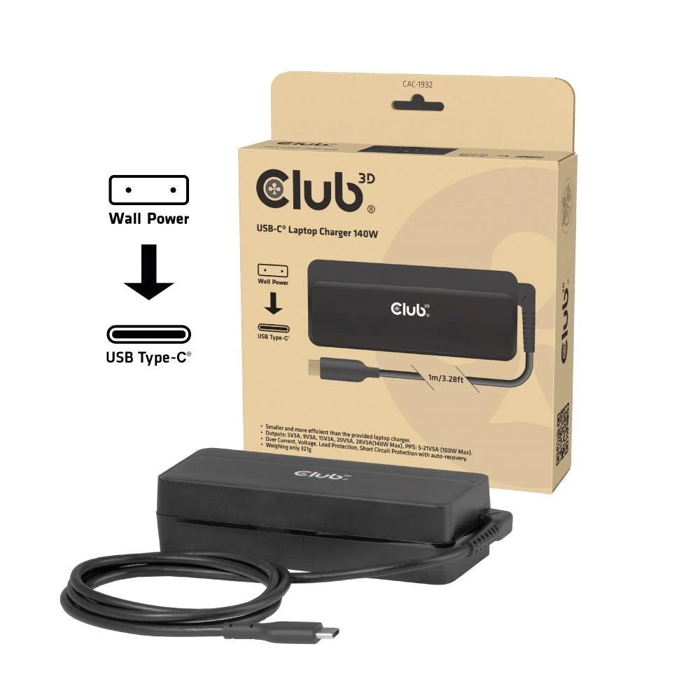 Club 3D Club3D nešiojamojo kompiuterio įkroviklis, USB-C, 140 W, 1 m aprašymas - Prekės nuotrauka Club 3D Club3D nešiojamojo kompiuterio įkroviklis, USB-C, 140 W, 1 m aprašymas - Prekės nuotrauka