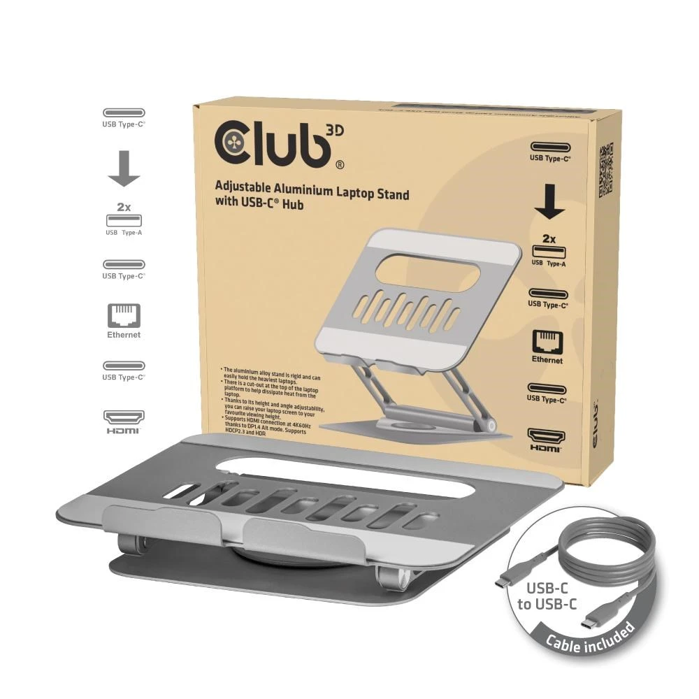 Club 3D Club3D Podstawka pod laptopa su HUB-em USB-C 100W 360° 4K60Hz aprašymas - Prekės nuotrauka