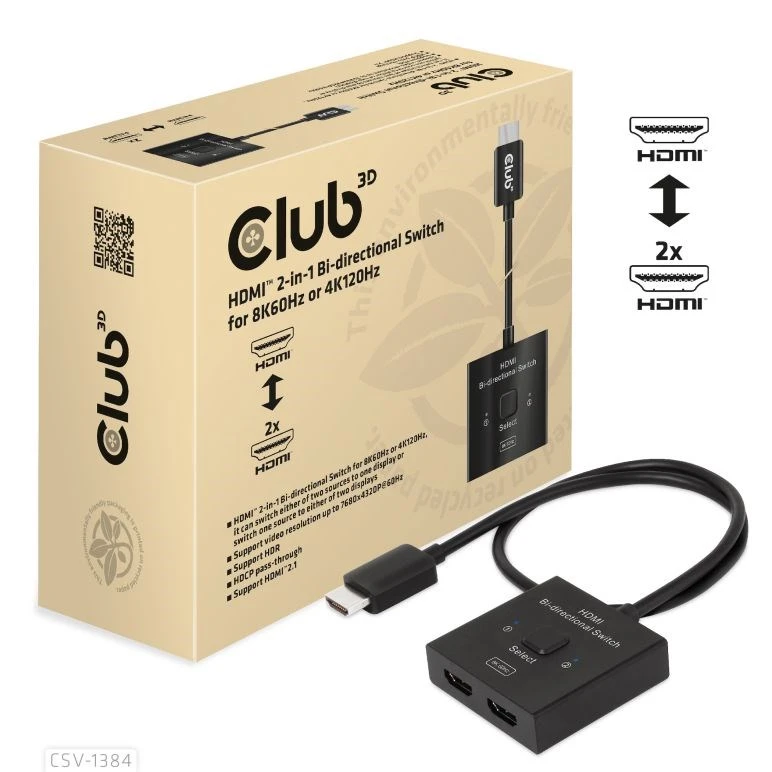 „Club 3D Club3D“ HDMI jungiklis „du viename“ dvikryptis 8K60Hz/4K120Hz UHD mažmeninė prekyba aprašymas - Prekės nuotrauka