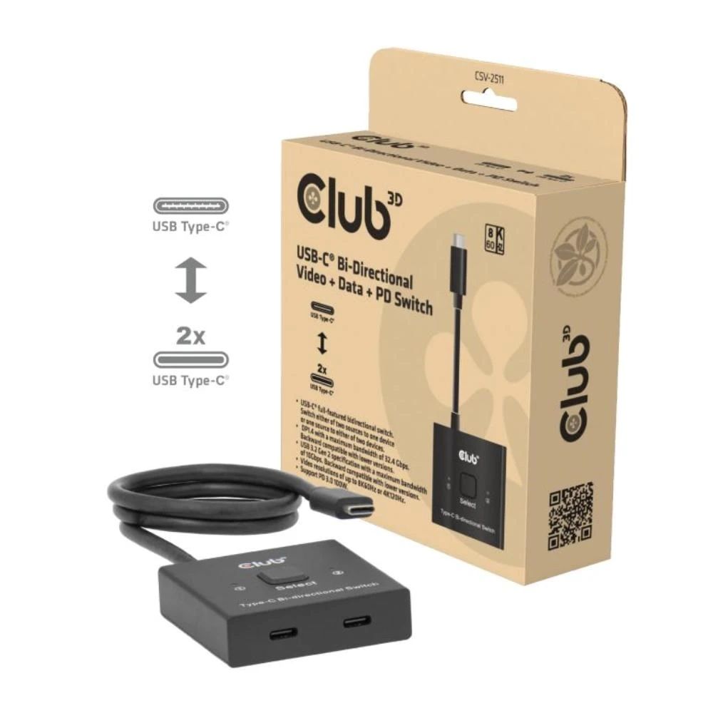 Club 3D „Club3D“ jungiklis, USB-C į 2xUSB-C dvipusis 2in1, 8K60Hz, 4K120Hz, PD 100W aprašymas - Prekės nuotrauka Club 3D „Club3D“ jungiklis, USB-C į 2xUSB-C dvipusis 2in1, 8K60Hz, 4K120Hz, PD 100W aprašymas - Prekės nuotrauka