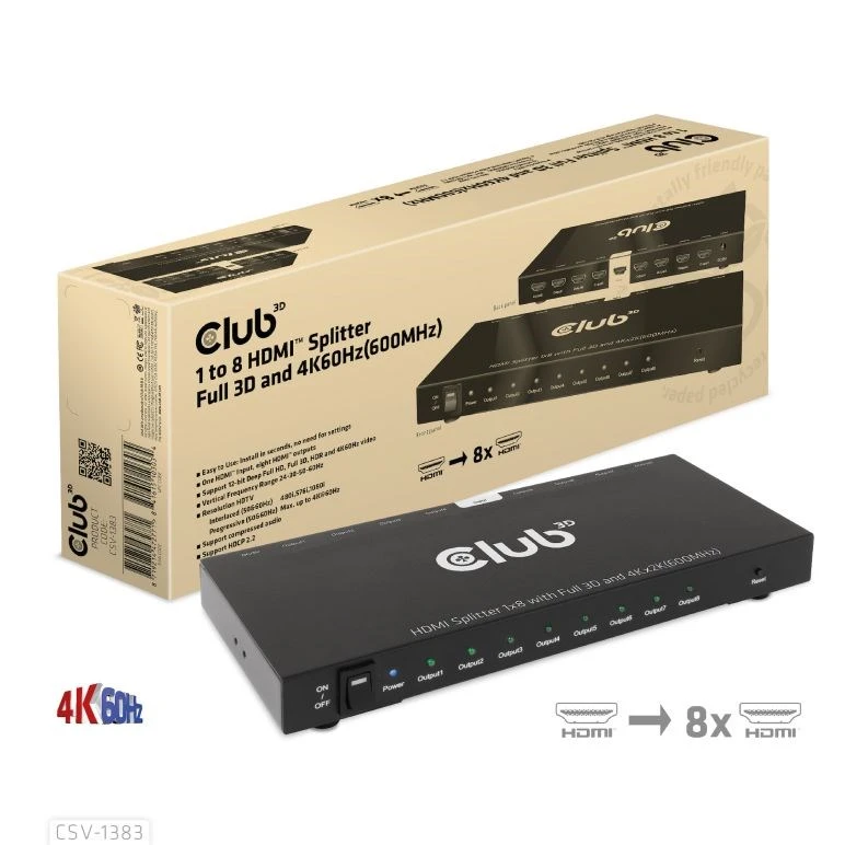 Club 3D Club3D vaizdo skirstytuvas 1:8 HDMI 2.0 4K60Hz UHD (600Mhz), 8 prievadai aprašymas - Prekės nuotrauka Club 3D Club3D vaizdo skirstytuvas 1:8 HDMI 2.0 4K60Hz UHD (600Mhz), 8 prievadai aprašymas - Prekės nuotrauka