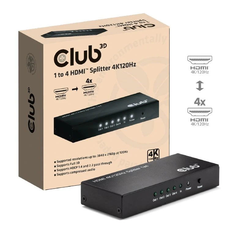 Club 3D HDMI Vaizdo Skirstytuvas 4 Portai 4K 120Hz aprašymas - Prekės nuotrauka Club 3D HDMI Vaizdo Skirstytuvas 4 Portai 4K 120Hz aprašymas - Prekės nuotrauka