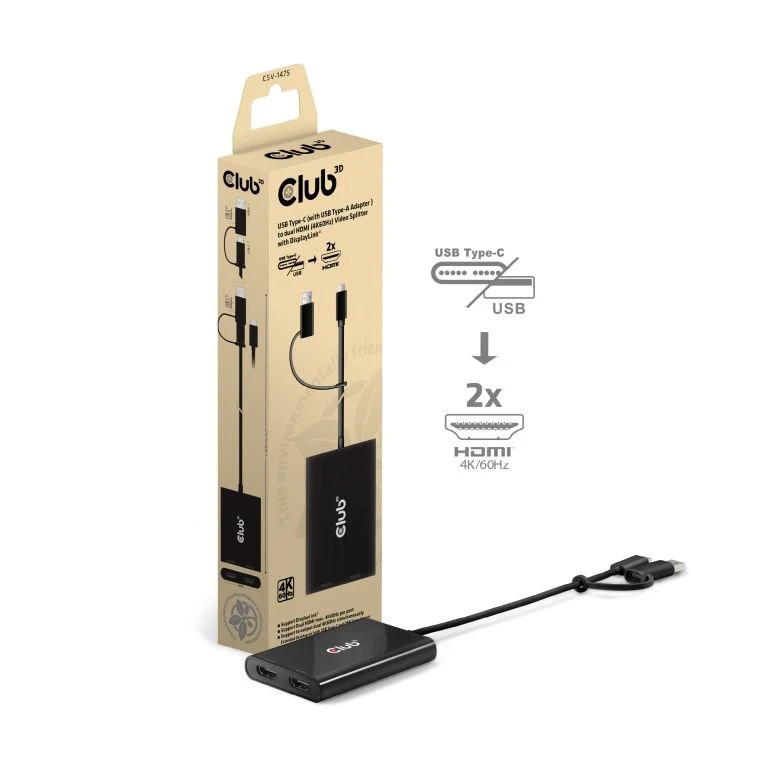 Adapteris AV Club 3D Club3D Adapteris USB-C (USB A adapteris) > 2x HDMI 4K@60Hz St/Bu mažmeninė prekyba aprašymas - Prekės nuotrauka
