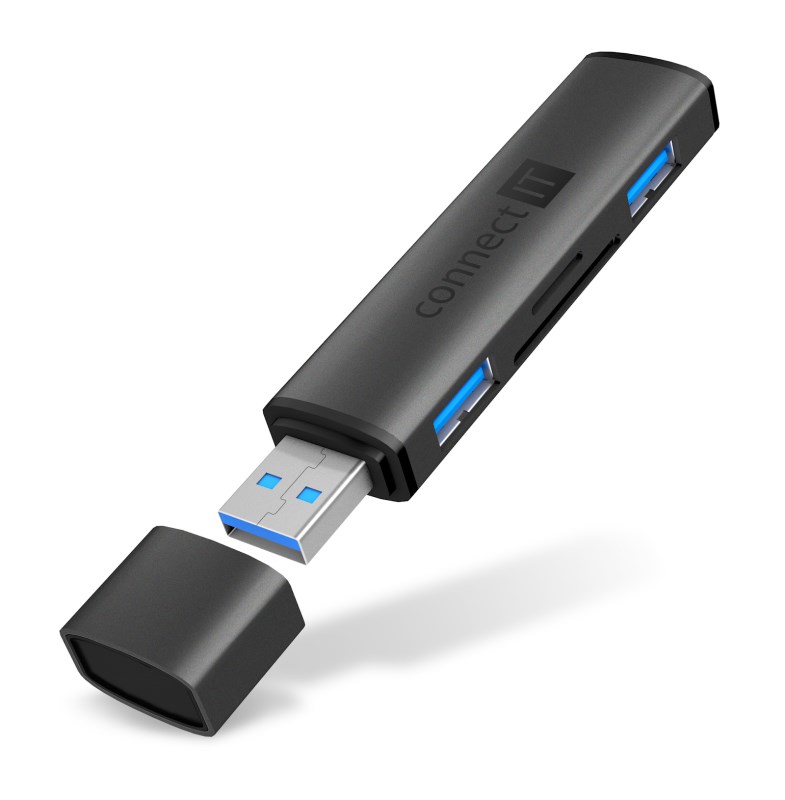 CONNECT IT Hub Compact 4v1, 2xUSB 3.0, 1xSD, 1xMicroSD, externí, juoda aprašymas - Prekės nuotrauka