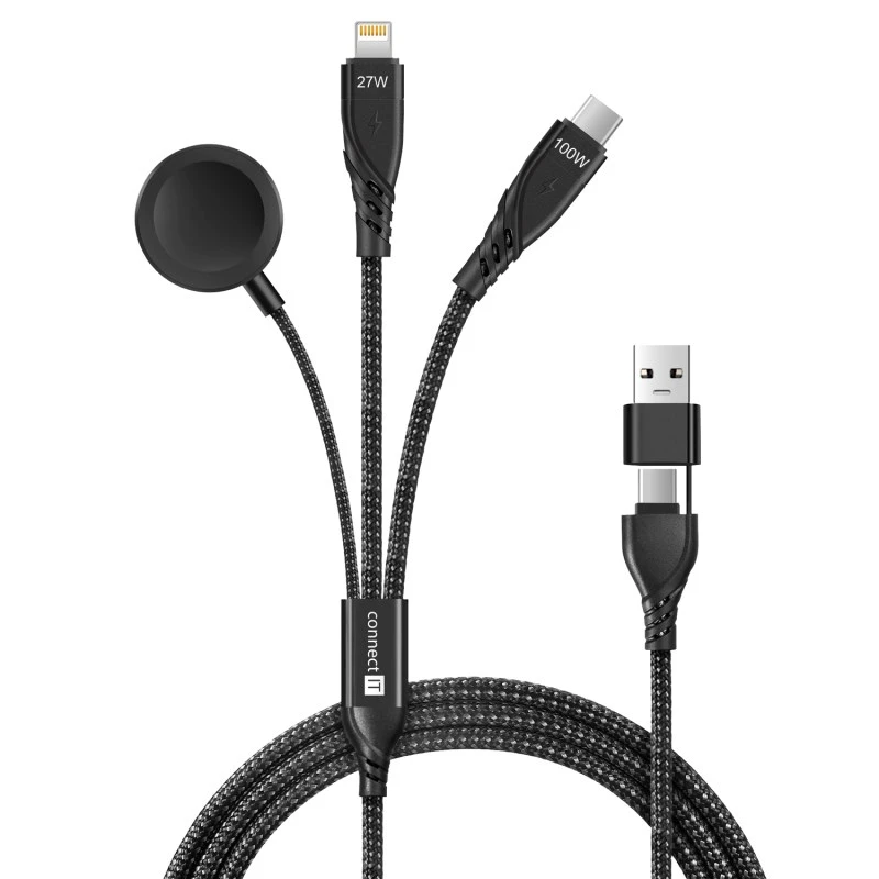 CONNECT IT Nabíjecí kabelis Wirez 6v1, USB-C/USB, Lightning, Bezdrátová nabíječka na hodinky, 1.25m, juoda aprašymas - Prekės nuotrauka