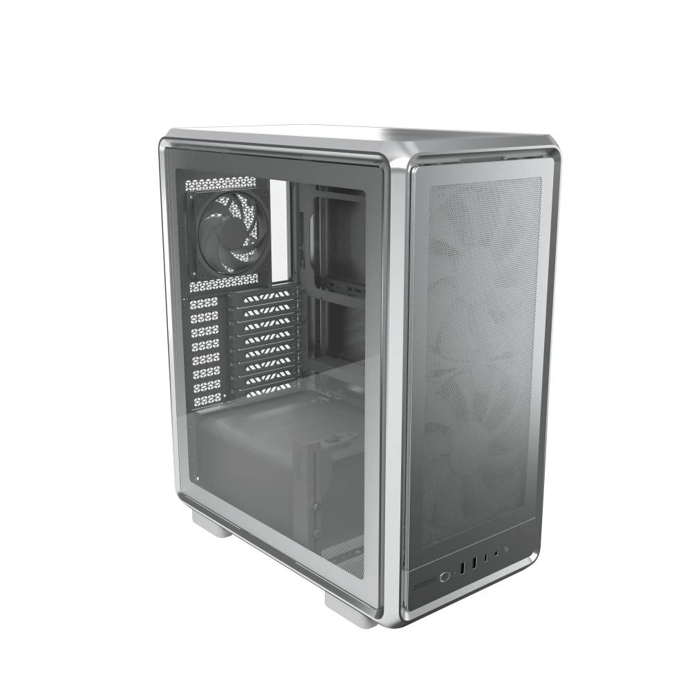 „Cooler Master“ korpusas „MasterFrame 500 Mesh“ sidabrinis, permatomas šoninis skydelis, ATX, 2x 200 mm ventiliatoriai, 1x 120 mm ventiliatorius, pilkas aprašymas - Prekės nuotrauka