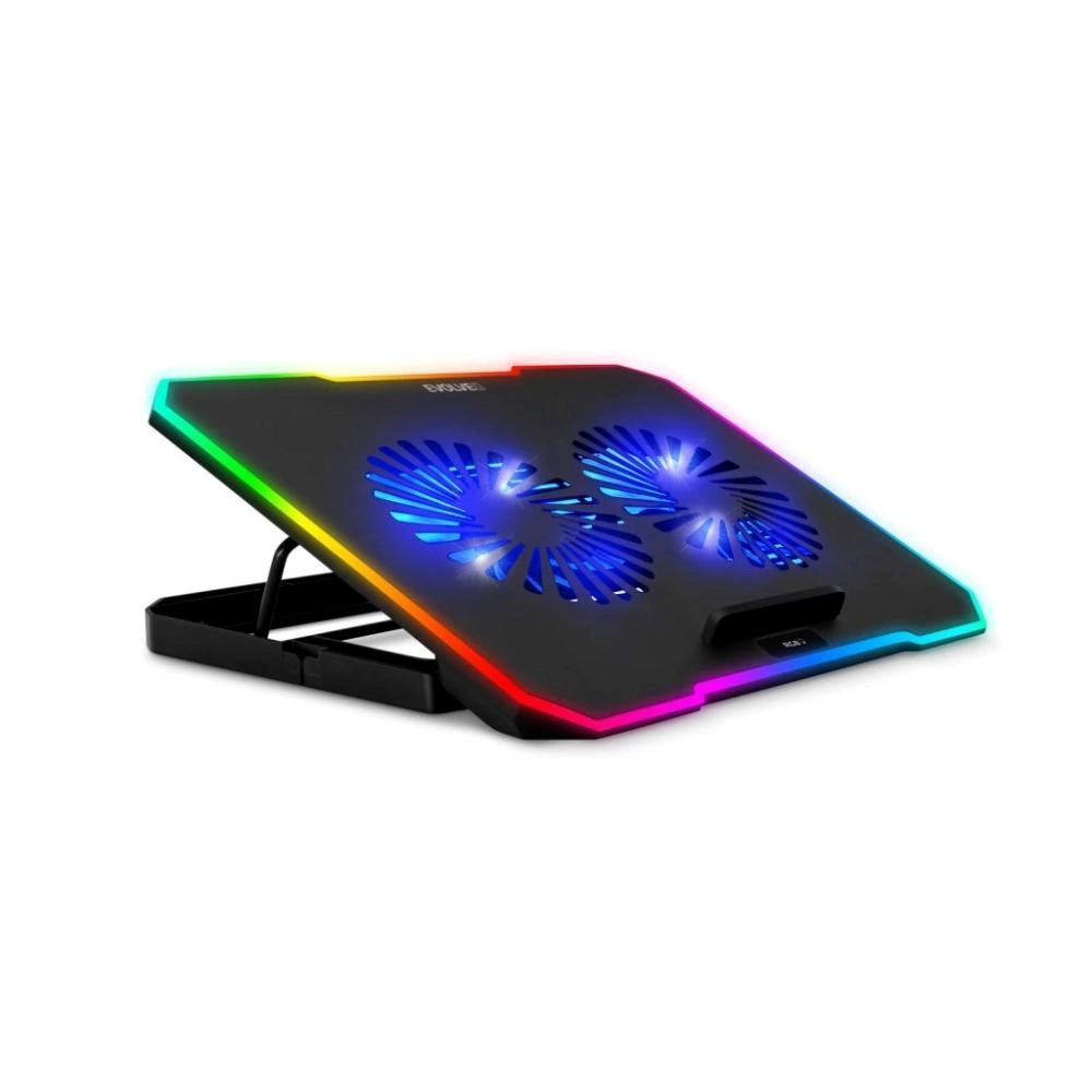EVOLVEO CoolPro, chladící podložka pod notebook, 2x ventilátor, RGB podsvícení, juoda aprašymas - Prekės nuotrauka