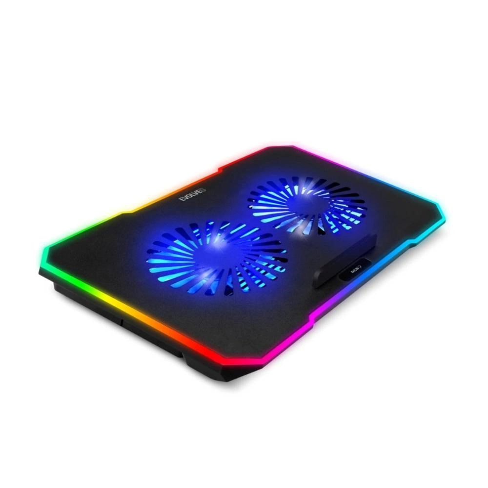 EVOLVEO CoolPro, chladící podložka pod notebook, 2x ventilátor, RGB podsvícení, juoda aprašymas - Prekės nuotrauka