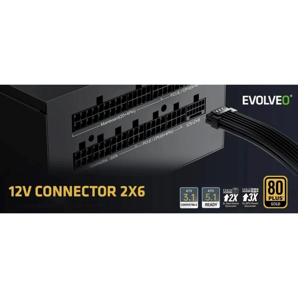 EVOLVEO G1200, 1200 W maitinimo šaltinis, 80+ GOLD, ATX 3.1, aPFC, 140 mm ventiliatorius, pilnai modulinis, 3 metų garantija, juodas aprašymas - Prekės nuotrauka