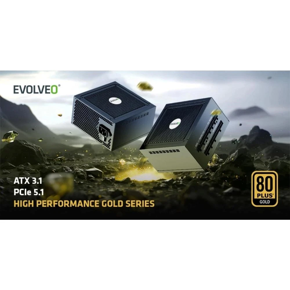 EVOLVEO G1200, 1200 W maitinimo šaltinis, 80+ GOLD, ATX 3.1, aPFC, 140 mm ventiliatorius, pilnai modulinis, 3 metų garantija, juodas aprašymas - Prekės nuotrauka