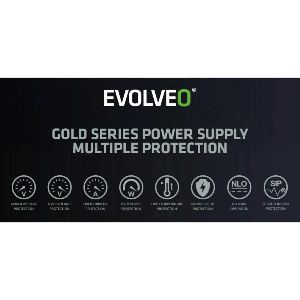 EVOLVEO G1200, 1200 W maitinimo šaltinis, 80+ GOLD, ATX 3.1, aPFC, 140 mm ventiliatorius, pilnai modulinis, 3 metų garantija, juodas aprašymas - Prekės nuotrauka