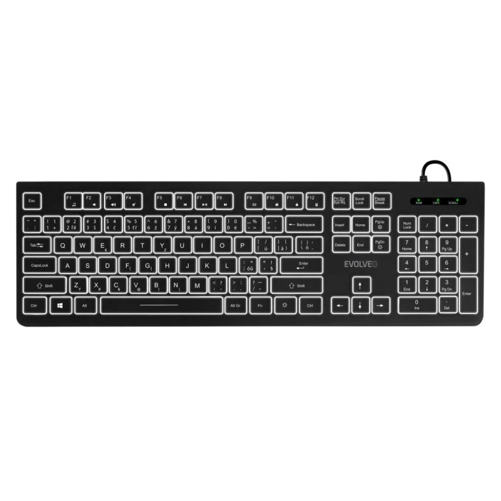 EVOLVEO klaviatūra K1010, tyli, laidinė USB, foninis apšvietimas, CZ+SK, juoda aprašymas - Prekės nuotrauka EVOLVEO klaviatūra K1010, tyli, laidinė USB, foninis apšvietimas, CZ+SK, juoda aprašymas - Prekės nuotrauka