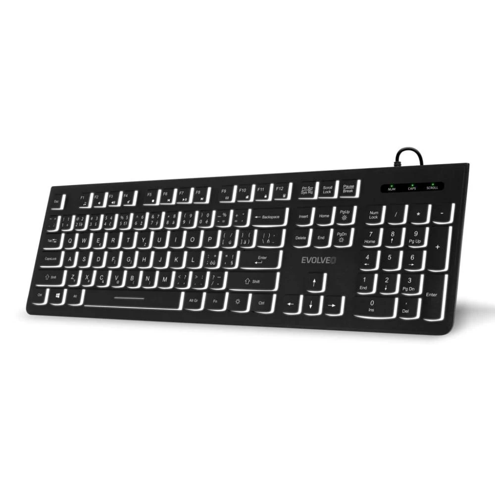 EVOLVEO klaviatūra K1010, tyli, laidinė USB, foninis apšvietimas, CZ+SK, juoda aprašymas - Prekės nuotrauka EVOLVEO klaviatūra K1010, tyli, laidinė USB, foninis apšvietimas, CZ+SK, juoda aprašymas - Prekės nuotrauka