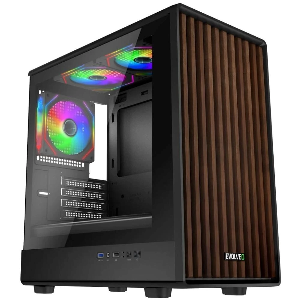 „EVOLVEO Panthera“, mATX korpusas, 3x ARGB 120 mm ventiliatoriai, medinis priekinis skydelis + stiklinis šoninis skydelis aprašymas - Prekės nuotrauka