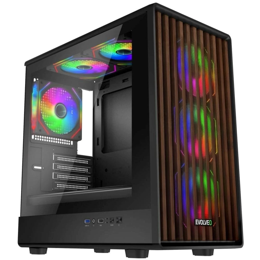 „EVOLVEO Panthera“, mATX korpusas, 6x ARGB 120 mm ventiliatoriai, medinis priekinis skydelis + stiklinis šoninis skydelis aprašymas - Prekės nuotrauka