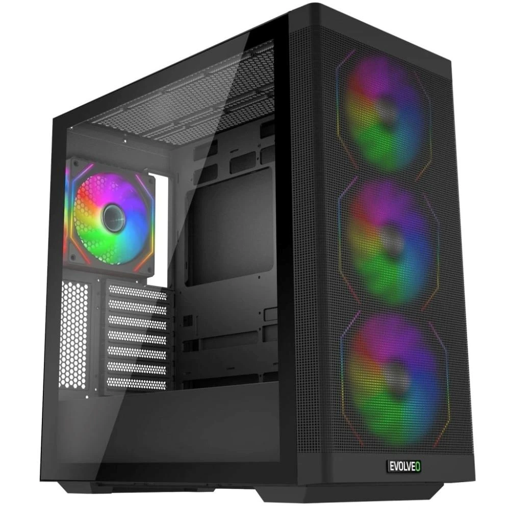 „EVOLVEO Scorpio“, eATX/ATX korpusas, 4x ARGB 120 mm ventiliatoriai, grūdinto stiklo šoninė panelė + tinklelio priekinė panelė aprašymas - Prekės nuotrauka