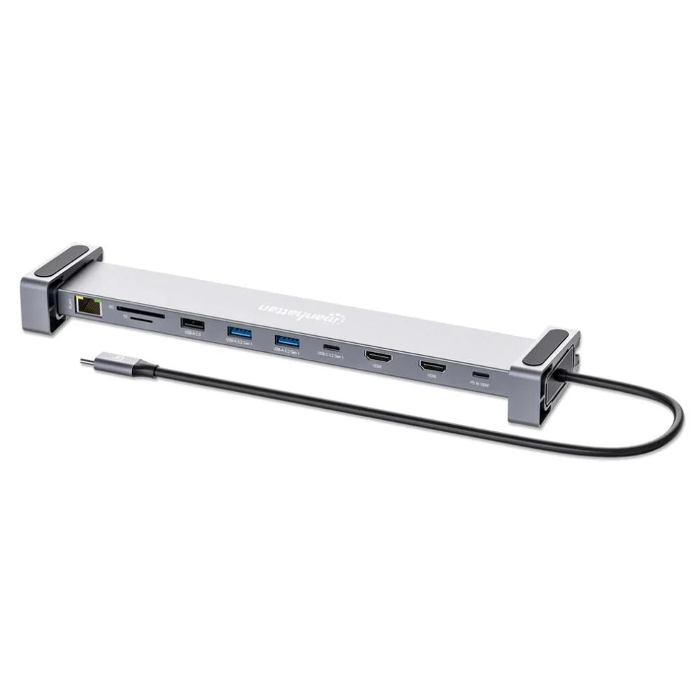 Manhattan MH 190398 10 viename prijungimo stotis USB (3.1) tipo C prie dviejų HDMI, kelių prievadų aprašymas - Prekės nuotrauka Manhattan MH 190398 10 viename prijungimo stotis USB (3.1) tipo C prie dviejų HDMI, kelių prievadų aprašymas - Prekės nuotrauka