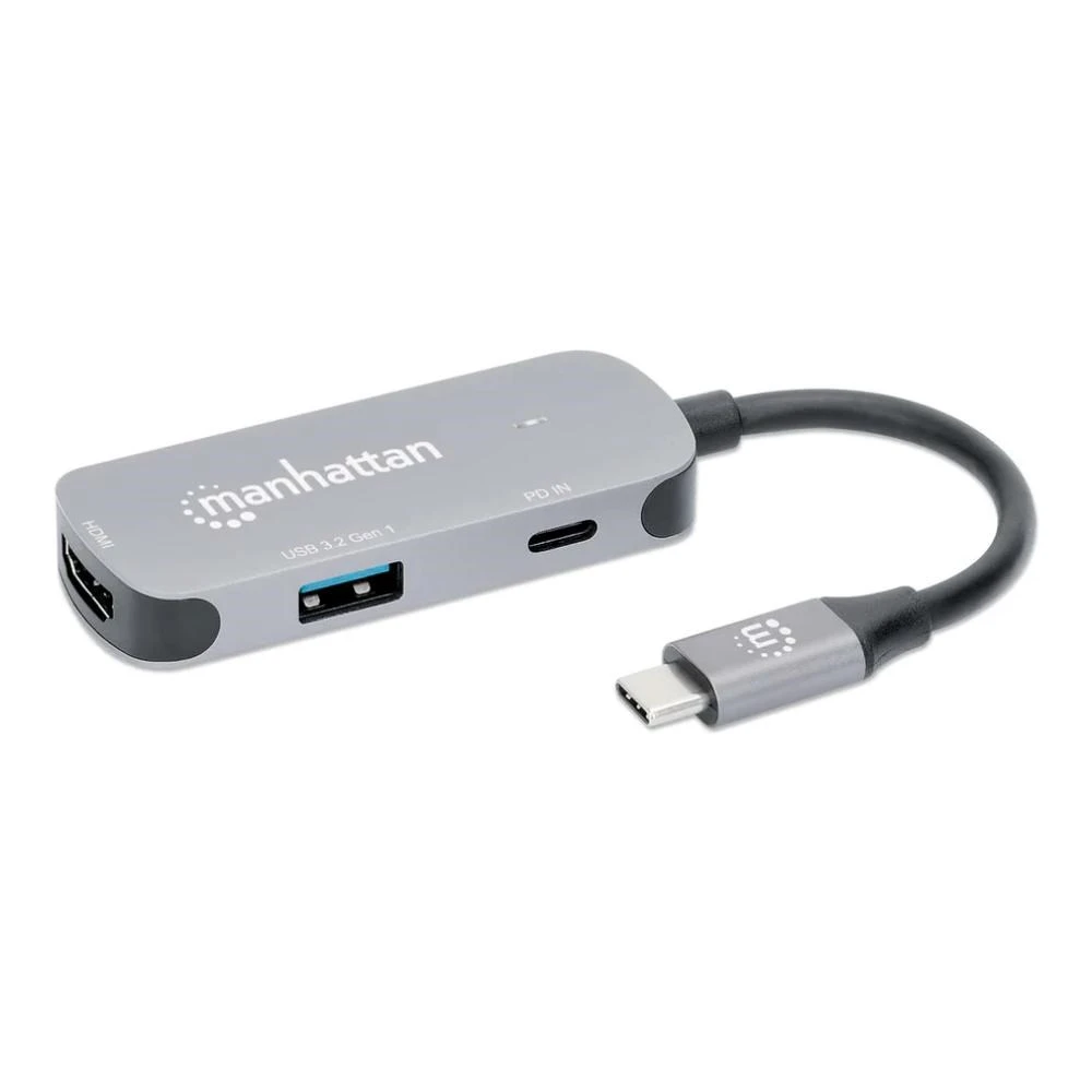Adapteris AV Manhattan MANHATTAN USB-C į HDMI 3-in-1 prijungimo keitiklis USB 3.2 Type-C Vyriškas į HDMI 4K60Hz USB-A 5 Gbit/s ir USB-C maitinimo tiekimas 100W aprašymas - Prekės nuotrauka