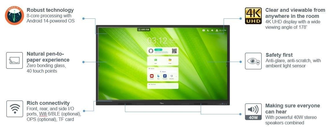 Monitorius Touch Optoma 65 colių 1651RK 4K UHD, 8 GB RAM / 64 GB ROM, 40 pirštų lietimui jautrus ekranas, „Android 14“ aprašymas - Prekės nuotrauka