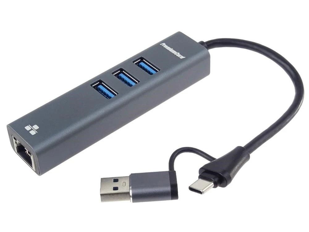 HUB USB PremiumCord Adapteris USB-C na USB-A Gigabit 10/100/1000Mbps + 3x USB 3.2 złącze aprašymas - Prekės nuotrauka