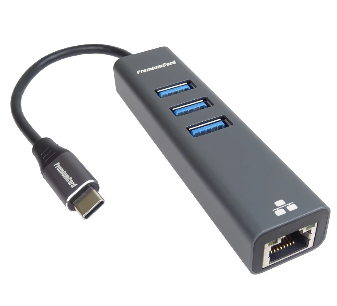 PREMIUMCORD USB-C adapteris su Gigabit 10/100/1000Mbps + 3x USB3.0 jungtis aprašymas - Prekės nuotrauka