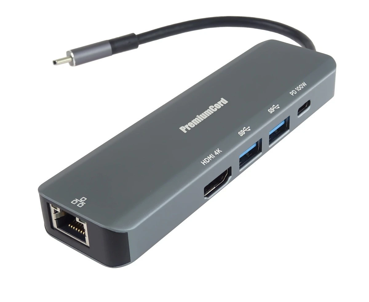 HUB USB PremiumCord PREMIUMCORD Adaptér USB-C na Gigabit 10/100/1000Mbps + 1x HDMI, 2x USB3.2, 1x PD 100W konektor, Šedá aprašymas - Prekės nuotrauka