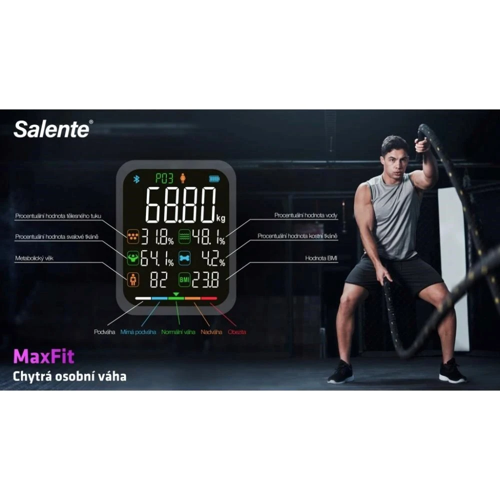 „Evolveo Salente MaxFit“ išmaniosios asmeninės diagnostinės fitneso svarstyklės, su „Bluetooth“, juodos aprašymas - Prekės nuotrauka