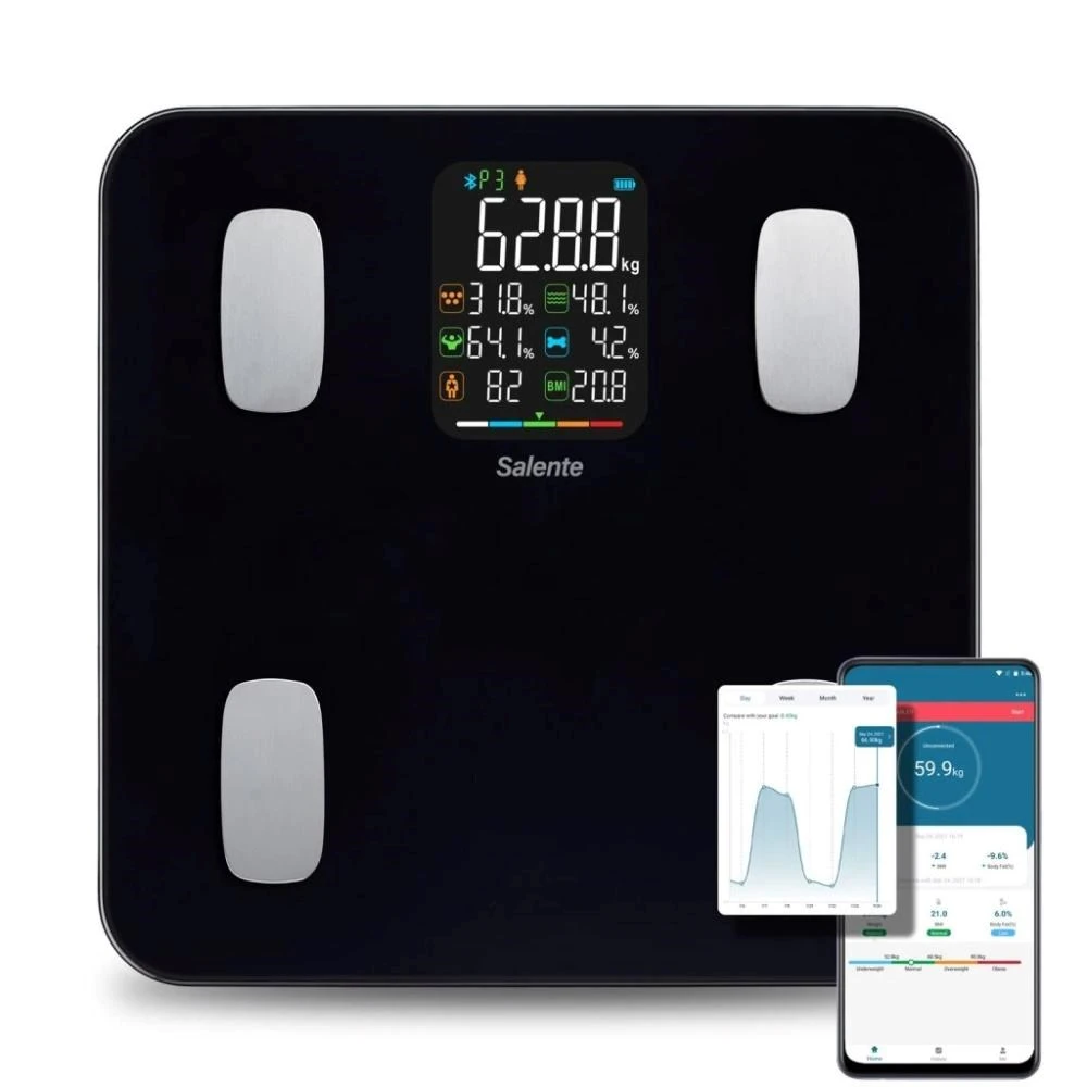 „Evolveo Salente MaxFit“ išmaniosios asmeninės diagnostinės fitneso svarstyklės, su „Bluetooth“, juodos aprašymas - Prekės nuotrauka