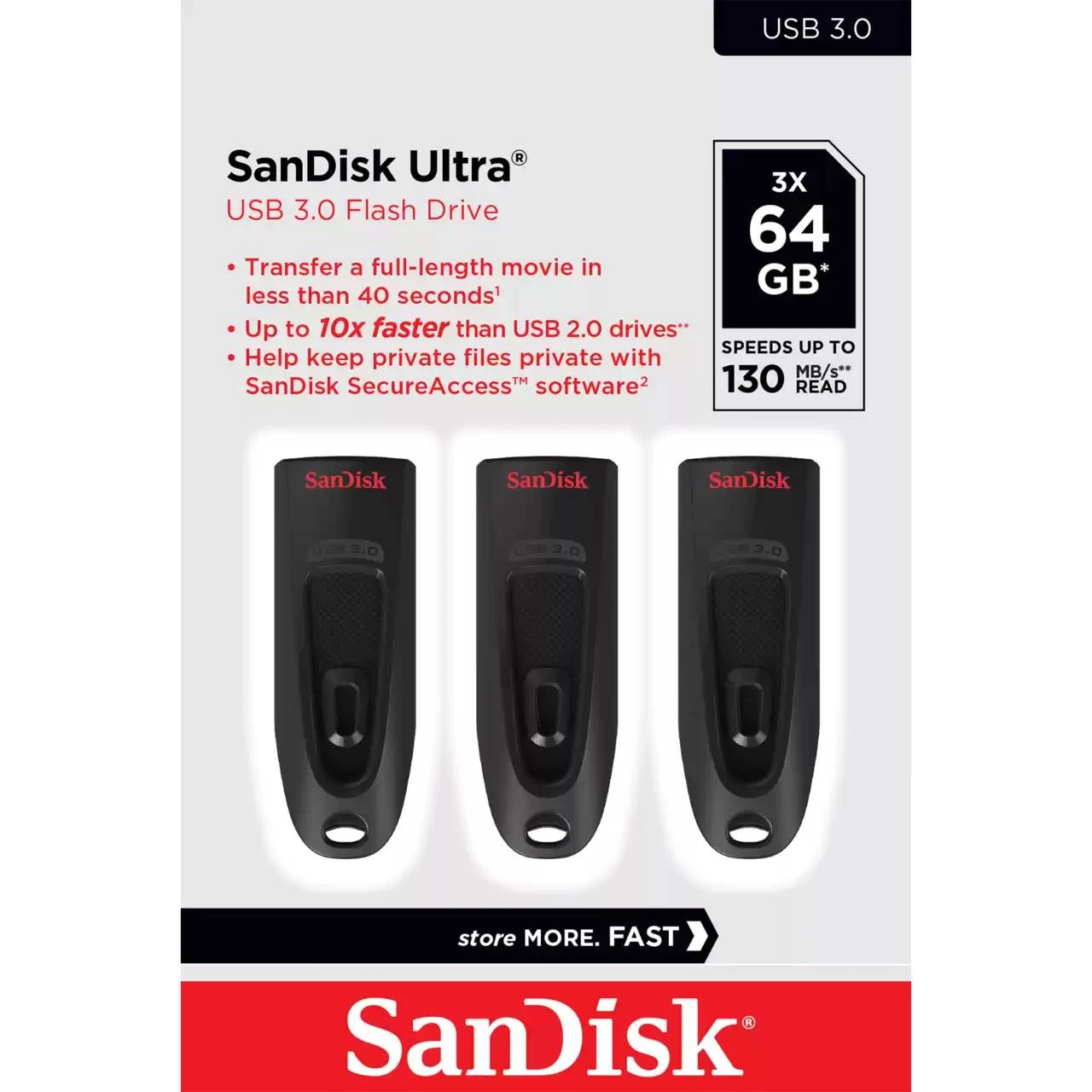 Sandisk ULTRA 64GB USB 3.0 FLASH DRIVE - 130MB/S READ 3 PACK (Juodas) aprašymas - Prekės nuotrauka