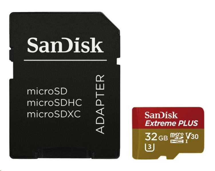 Atminties kortelė SanDisk Micro SDHC karta 32GB Extreme PLUS (R100/W90MB/s, UHS-I V30, Rescue Pro Deluxe) + adaptér aprašymas - Prekės nuotrauka Atminties kortelė SanDisk Micro SDHC karta 32GB Extreme PLUS (R100/W90MB/s, UHS-I V30, Rescue Pro Deluxe) + adaptér aprašymas - Prekės nuotrauka