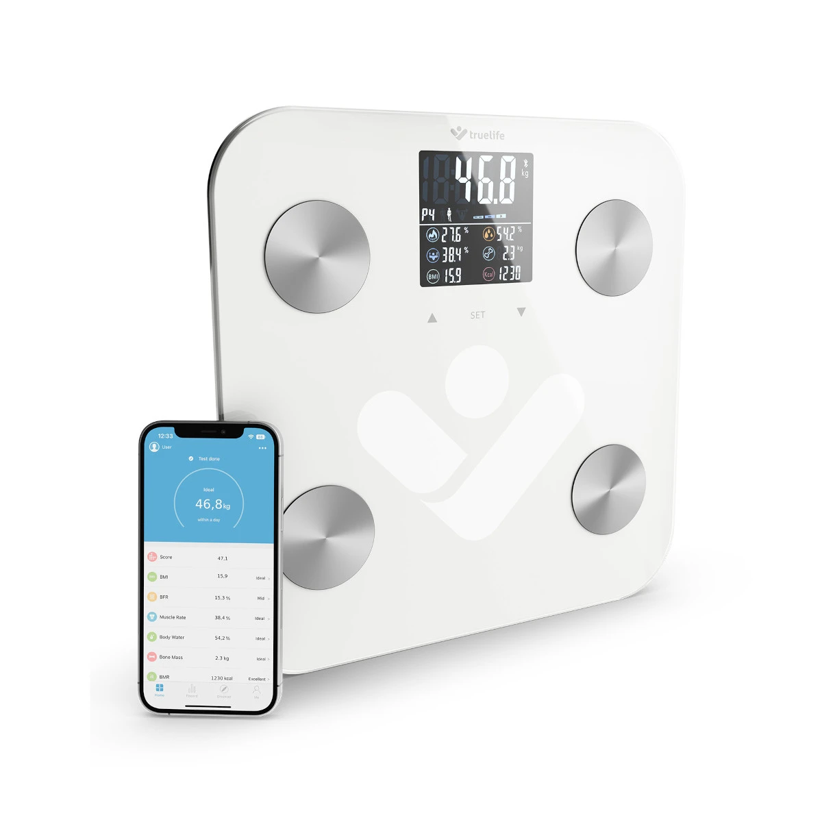 Svarstyklės TrueLife FitShape S6 BT – Bioelektrinės varžos „Bluetooth“ skalė – balta aprašymas - Prekės nuotrauka