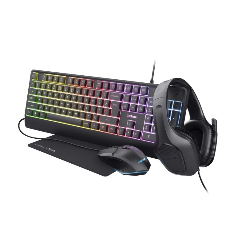 TRUST Sada sluchátka + pelė + klaviatūra + mousepad GXT 792 Quadrox 4v1 Gaming Bundle aprašymas - Prekės nuotrauka TRUST Sada sluchátka + pelė + klaviatūra + mousepad GXT 792 Quadrox 4v1 Gaming Bundle aprašymas - Prekės nuotrauka