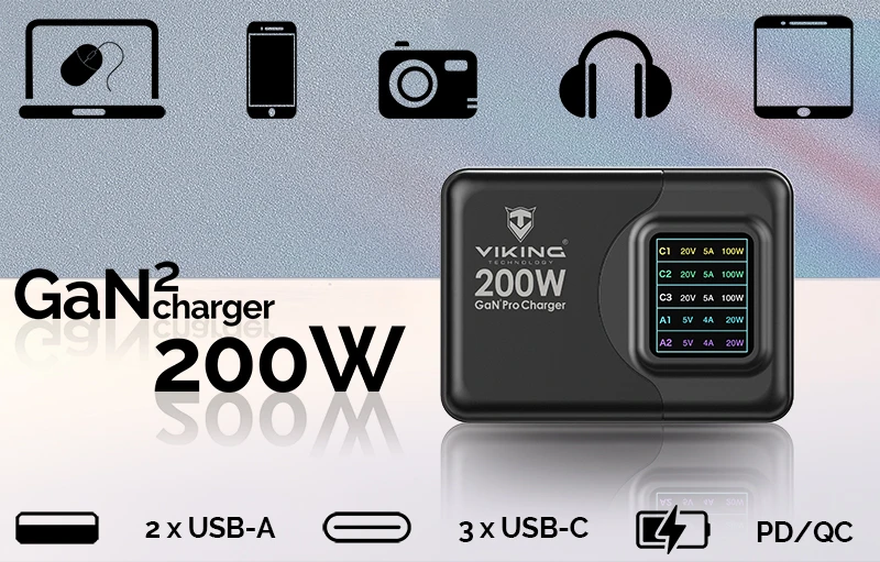 Įkroviklis Viking Viking nabíječka USB GaN 200W PD Pro aprašymas - Prekės nuotrauka