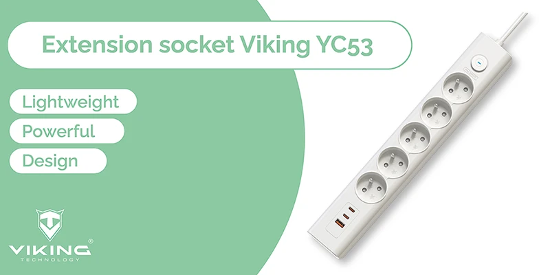 Viking tinklo praplėtimo lizdas YC53, 5x AC 230V, 1x USB-A, 2x USB-C, ilgis 1,5 m, juodas aprašymas - Prekės nuotrauka
