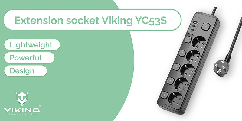 Viking tinklo praplėtimo lizdas YC53S, 5x AC 230V, 1x USB-A, 2x USB-C, ON/OFF mygtukas, ilgis 1,5 m, juodas aprašymas - Prekės nuotrauka