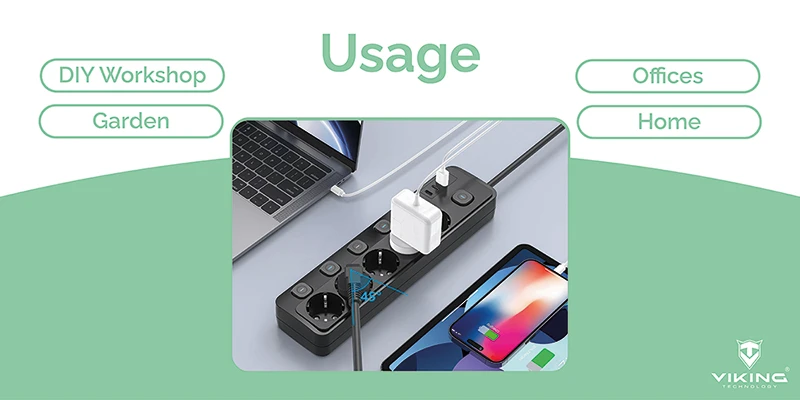 Viking tinklo praplėtimo lizdas YC53S, 5x AC 230V, 1x USB-A, 2x USB-C, ON/OFF mygtukas, ilgis 1,5 m, juodas aprašymas - Prekės nuotrauka