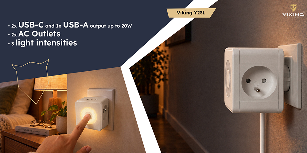 Viking maitinimo adapteris Y23L, 2x 230 V, 1x USB-A, 2x USB-C, jutiklinė lemputė, balta aprašymas - Prekės nuotrauka
