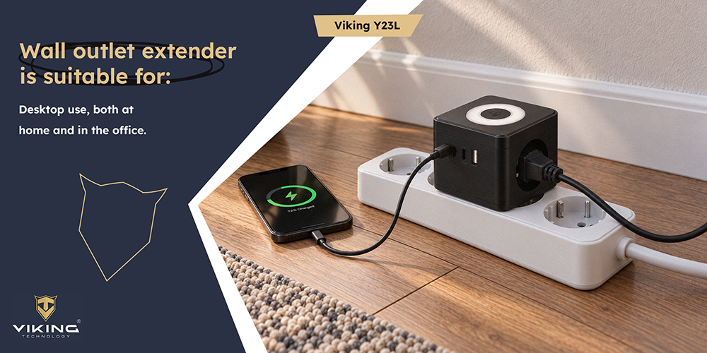 Viking maitinimo adapteris Y23L, 2x 230 V, 1x USB-A, 2x USB-C, jutiklinė lemputė, juoda aprašymas - Prekės nuotrauka