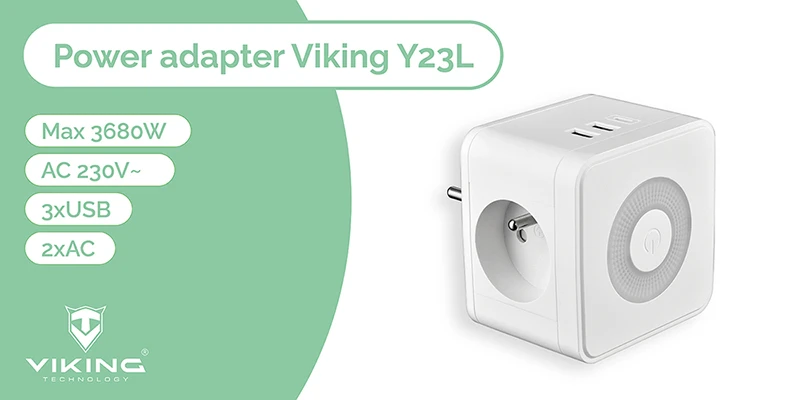 Viking maitinimo adapteris Y23L, 2x 230 V, 1x USB-A, 2x USB-C, jutiklinė lemputė, juoda aprašymas - Prekės nuotrauka