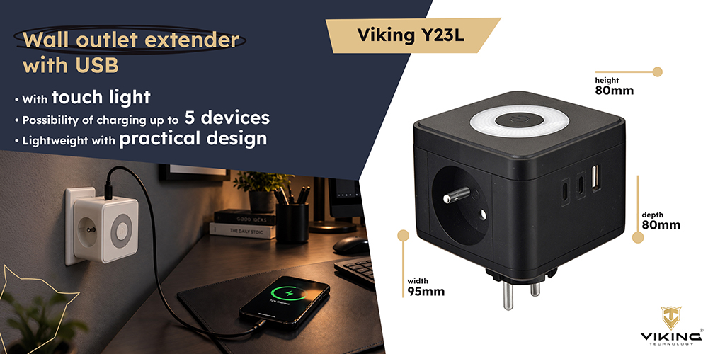 Viking maitinimo adapteris Y23L, 2x 230 V, 1x USB-A, 2x USB-C, jutiklinė lemputė, juoda aprašymas - Prekės nuotrauka