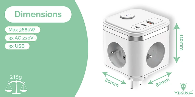 Viking maitinimo adapteris Y33, 3x 230 V, 1x USB-A, 2x USB-C, ON/OFF mygtukas, baltas aprašymas - Prekės nuotrauka
