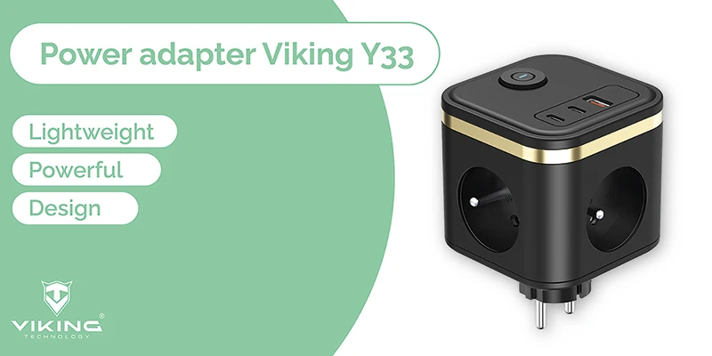 Viking maitinimo adapteris Y33, 3x 230 V, 1x USB-A, 2x USB-C, ON/OFF mygtukas, baltas aprašymas - Prekės nuotrauka