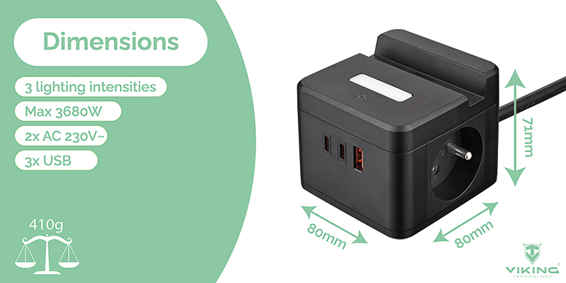 Viking maitinimo adapteris YC23H, 2x 230 V, 1x USB-A, 2x USB-C, jutiklinė lemputė, stovo funkcija, balta aprašymas - Prekės nuotrauka Viking maitinimo adapteris YC23H, 2x 230 V, 1x USB-A, 2x USB-C, jutiklinė lemputė, stovo funkcija, balta aprašymas - Prekės nuotrauka