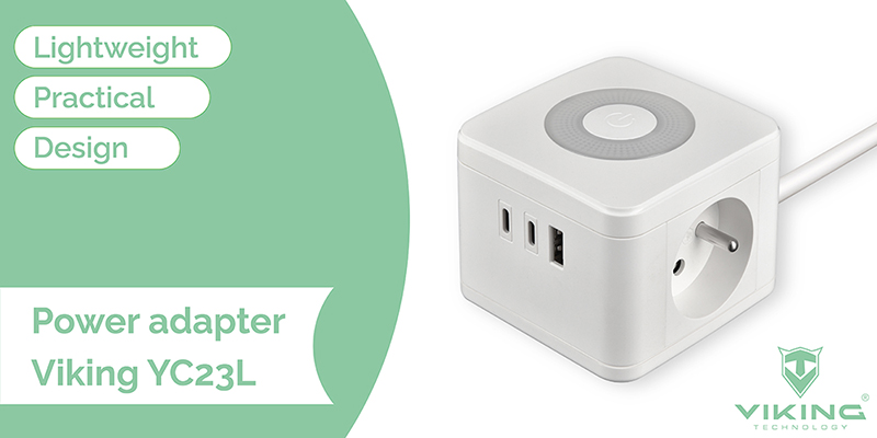 Viking maitinimo adapteris YC23L, 2x 230 V, 1x USB-A, 2x USB-C, jutiklinis šviestuvas, ilgis 1,4 m, juodas aprašymas - Prekės nuotrauka